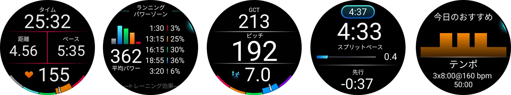 左から、ランニングデータ、ランニングパワー、ランニングダイナミクス、PacePro、おすすめワークアウト