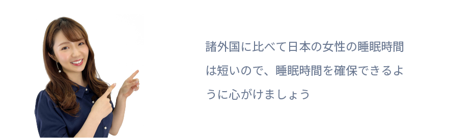 諸外国に比べて日本の女性の睡眠時間は短いので、
睡眠時間を確保できるように心がけましょう